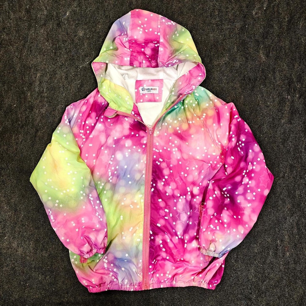 Welaken Kids Rainbow Tie Dye Star Print Windbreaker Jacket Hooded Pink Size 10Y